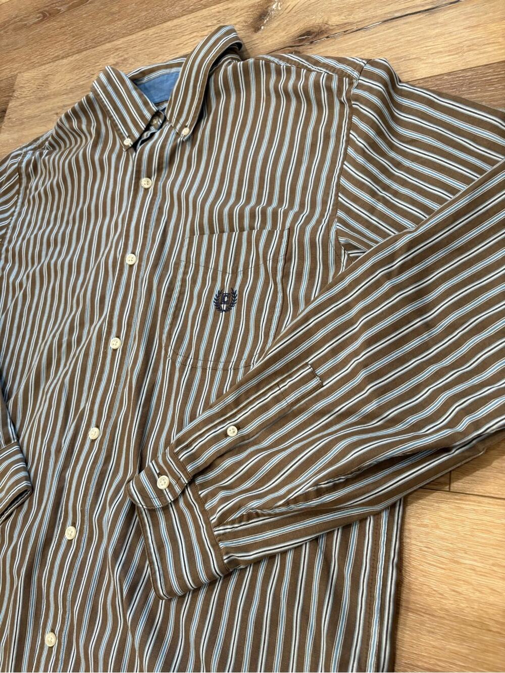 Men's Chaps Brown and Blue Striped Button-Down Shirt- size L